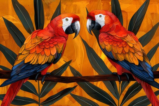 Colorful parrots perched on a branch against a vibrant tropical background