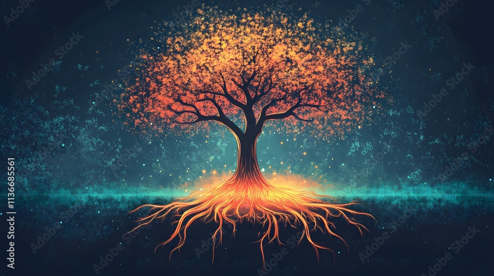 Poster vibrant autumn tree with bright orange leaves and deep roots illuminated by mystical light in a drea