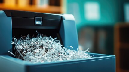 A detailed shot of a paper shredder with shredded paper peeking out of the bin
