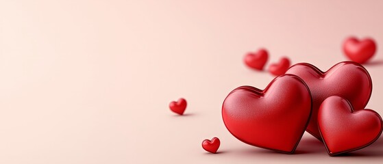 Close up of a pink background with a bunch of red hearts on it. The hearts are arranged in a way that they look like they are hugging each other. Concept of love and warmth