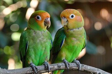 Colorful parrots perched on a branch in a lush green environment under natural light