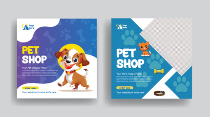 Pet shop and veterinary clinic social media post banner template, promotional ad or square flyer or poster template with dog and cat illustration background design