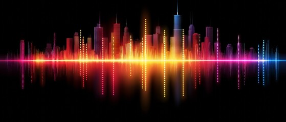 Colorful city skyline with a long wave of sound. The city is lit up with neon lights and the sound is coming from the left side of the image