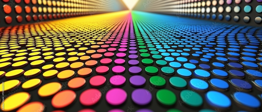 Poster colorful pattern of dots is displayed in a black background. the dots are of various colors and size