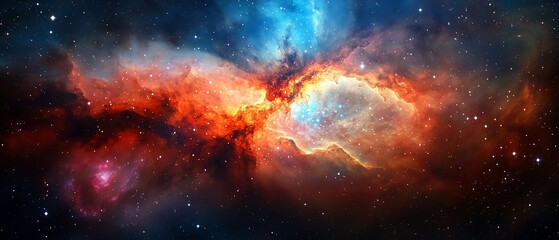 Fototapeta premium Colorful space scene with a red and blue cloud in the middle. The stars are scattered throughout the image, creating a sense of depth and vastness