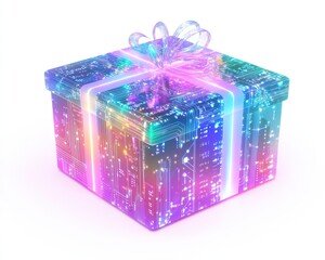 A vibrant, digital gift box glowing with modern circuit designs and colors.