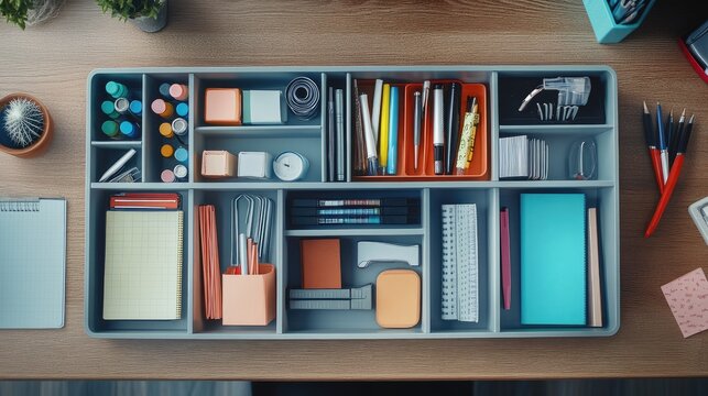 A magnified view of a desk drawer with neatly organized office supplies