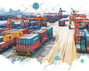 A vibrant port scene showcasing colorful shipping containers and cranes in action.