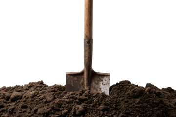 shovel in the ground isolated on white background.AI GENERATED