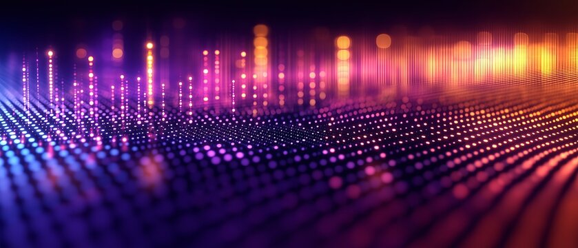 Colorful, abstract image with a purple and orange background. The image is made up of many small dots, creating a sense of depth and movement. The colors and patterns evoke a feeling of energy