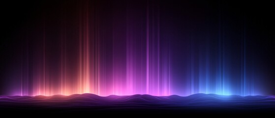 Colorful, glowing landscape with purple, blue, and green stripes. The sky is dark and the stars are visible