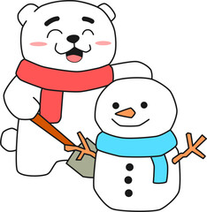 Adorable Polar Bear Happy With The Snowman It Made Vector Illustration
