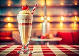 Vintage Cherry Cola Float in a Tall Glass with Vanilla Ice Cream and Striped Straw Set Against a Soft Focus Background in a Nostalgic Atmosphere