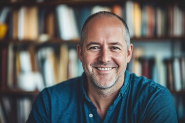 Fototapeta premium portrait shot of a middle age American author in a home library