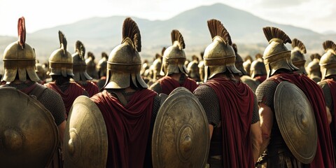 Warriors prepare for battle in the ancient landscape as the sun rises over the distant mountains