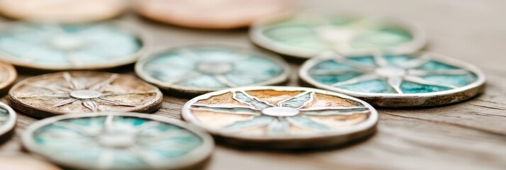 Colorful Zodiac Sign Coins Scattered on a Weathered Wooden Surface in a Warm, Inviting Light