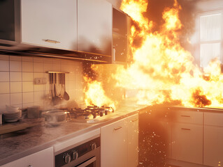 Home house apartment modern kitchen cooking fire engulfed flames intense accident danger explosion urgency urgent chaos burn burning stove