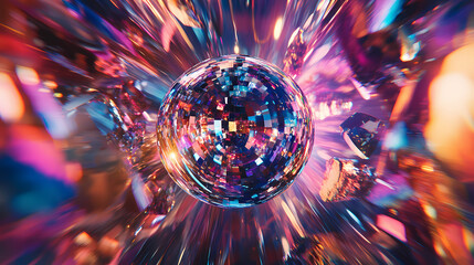 A vibrant mirrored disco ball spinning rapidly, reflecting colorful lights, and casting a kaleidoscope of flashes in a lively party atmosphere. Mirrored. Illustration