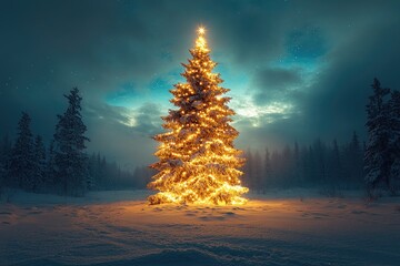 Illuminated Christmas Tree In Snowy Winter Forest