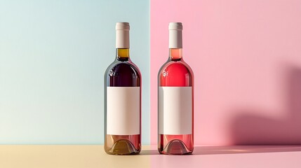 Two bottles of wine with blank labels on a pastel colored background