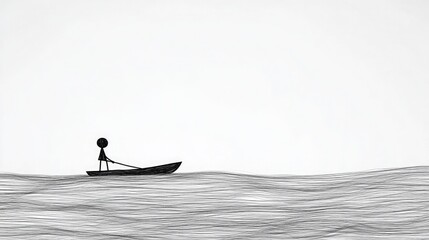 A Minimalistic Illustration of a Stick Figure Rowing Alone in a Simplistic Boat on Calming Waters with Muted Color Palette for Tranquil Art Concepts
