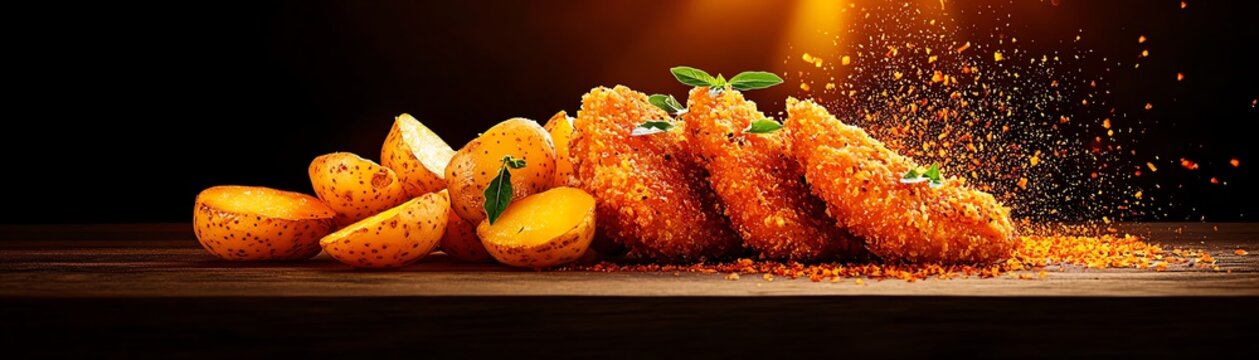 Norwegian klippfisk cakes served with potatoes, northern fjords glowing under the midnight sun