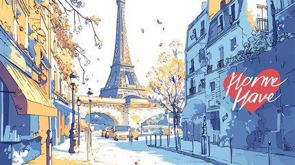 Romantic Parisian Street Art Sketch: Amour Paris Slogan Hand Illustration
