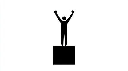 Silhouette of an Excited Person Standing on a Pedestal with Raised Arms Celebrating Achievement Against a White Background