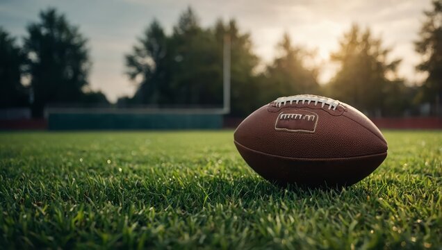 Green grass sports field with american football ball