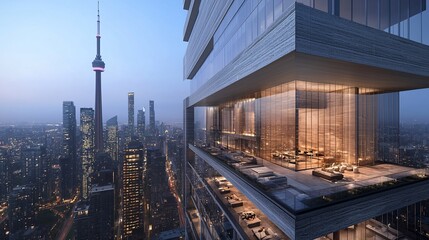 Toronto cityscape at dusk from a high-rise balcony.