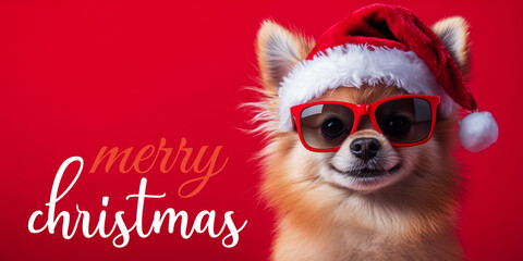 Cool Merry Christmas Poster, Web Banner with cute Pomeranian Dog wearing Sunglasses and Santa Hat Against Red Color Background, Happy Holiday Greeting Card With Funny Vibe