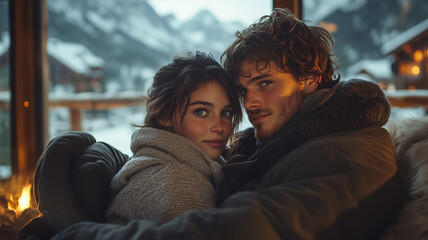 In a cozy cabin, a couple shares an intimate moment, gazing into each other's eyes with smiles. soft snow falls outside the window