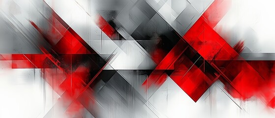 The image is a colorful abstract painting featuring red, white, and black lines. The red and white colors are dominant, with the black lines adding a sense of depth and contrast