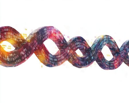 An abstract representation of data in a colorful, flowing binary pattern.