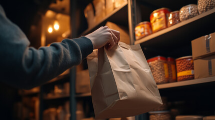 Obraz premium Careful hands pack a paper bag with essentials like flour, canned beans, and spaghetti, as the warm light of the food bank highlights shelves lined with donations.