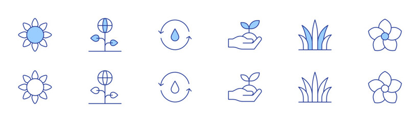 Nature icon set in two styles, Duotone and Thin Line style. Editable stroke. ecology and environment, grass, sunflower, flower, natural, recycle water