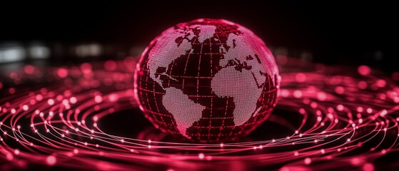 Red globe is surrounded by a red and white pattern. The globe is the center of the image and the pattern is surrounding it. The image has a futuristic and technological feel to it
