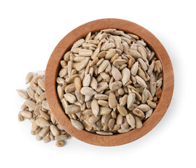 Peeled sunflower seeds in wooden bowl isolated on white, top view