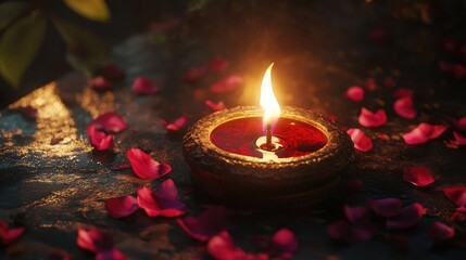 Glowing Candle Surrounded by Petals on a Stone Surface, Creating a Tranquil and Serene Ambiance Perfect for Relaxation and Meditation Images
