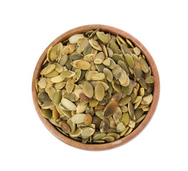 Peeled pumpkin seeds in wooden bowl isolated on white, top view