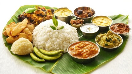 Traditional Indian Feast Served on Banana Leaf Featuring Variety of Dishes with Rice, Lentils, Vegetables, and Accompaniments Creating a Vibrant Culinary Experience