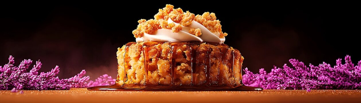 Scottish clootie dumpling with a drizzle of cream, misty Highland lochs surrounded by heather