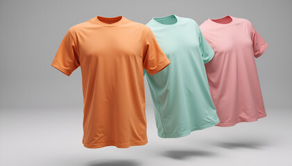 3D t-shirt mockup in different colors floating on light background