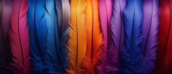 Row of colorful feathers with a rainbow of colors. The feathers are arranged in a line, with some being blue, orange, and purple. Concept of vibrancy and diversity