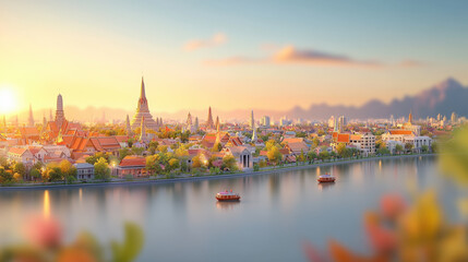 Sunset view over a serene river in a vibrant cityscape with boats and traditional architecture, framed by mountains in the distance.
