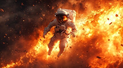 An astronaut in a spacesuit is floating amidst a fiery explosion