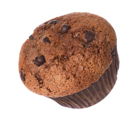 Delicious sweet muffin with chocolate chips isolated on white