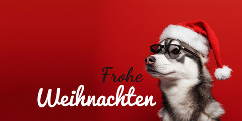 Frohe Weihnachten Cool Poster, Web Banner with cute Serbian Husky Dog wearing Sunglasses and Santa Hat with Antlers Against Green Background, Happy Holiday Greeting Card With Funny Vibe