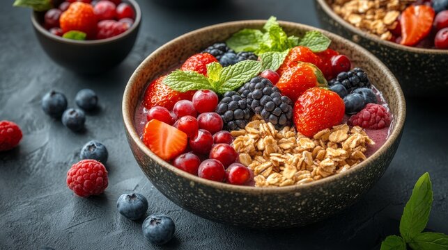 Vibrant fruit bowl featuring various fresh fruits and granola for a healthy snack