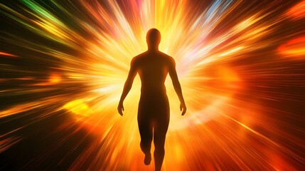 Silhouette Figure Walking Towards Bright Radiant Light